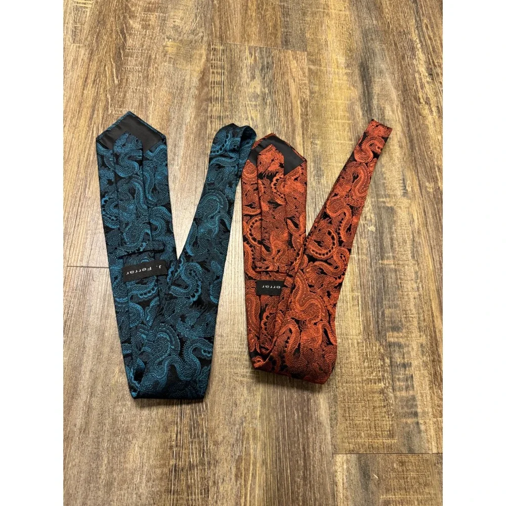 J. Ferrar Dragon Jacquard Necktie‎ Set Teal & Orange Woven Silk-Look Ties 2pc